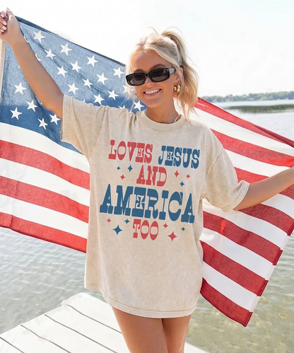 Loves Jesus And America Too Unisex Washed Christian T-shirt