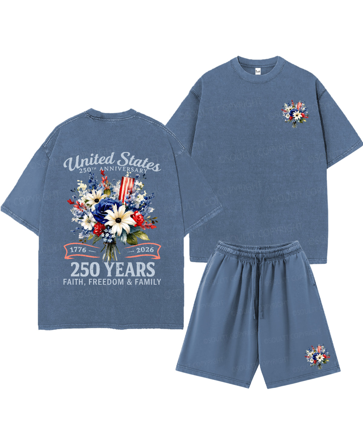250 Years America Anniversary Double Sided Unisex Christian Washed T-Shirt & Shorts