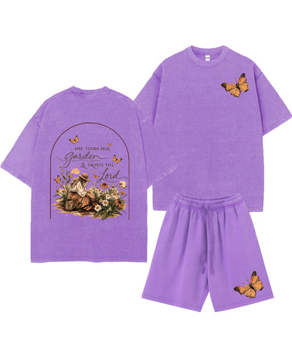 She Tends Her Garden Double Sided Unisex Christian Washed T-Shirt & Shorts