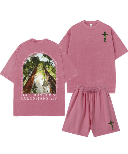 Rooted In Christ Double Sided Unisex Christian Washed T-Shirt & Shorts