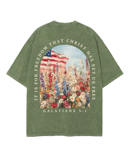 Christ Has Set Us Free Double Sided Unisex Washed Christian T-shirt