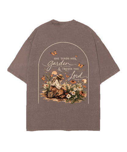 She Tends Her Garden Double Sided Unisex Christian Washed T-Shirt & Shorts