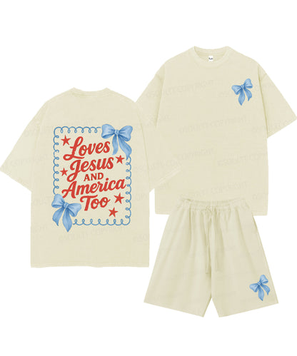 Loves Jesus And America Too Double Sided Unisex Christian Washed T-Shirt & Shorts