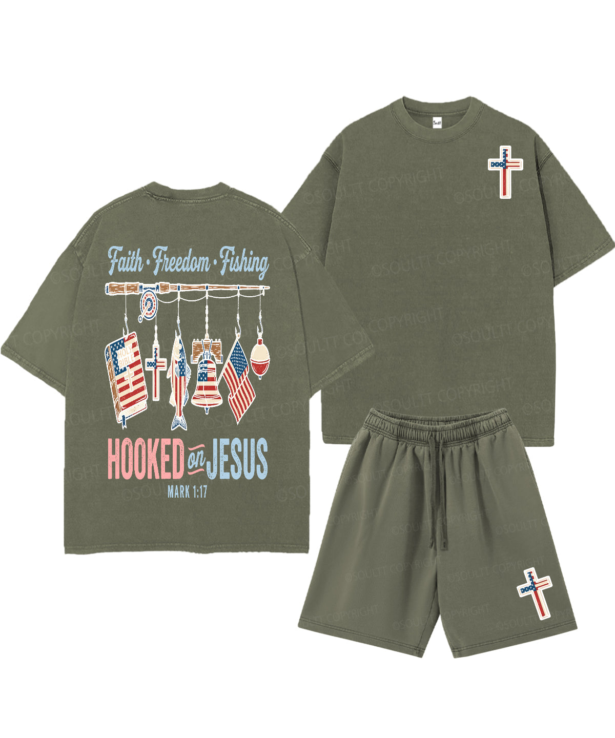 Hooked On Jesus Double Sided Unisex Christian Washed T-Shirt & Shorts