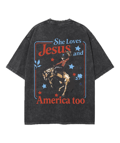 She Loves Jesus And America Double Sided Unisex Washed Christian T-shirt