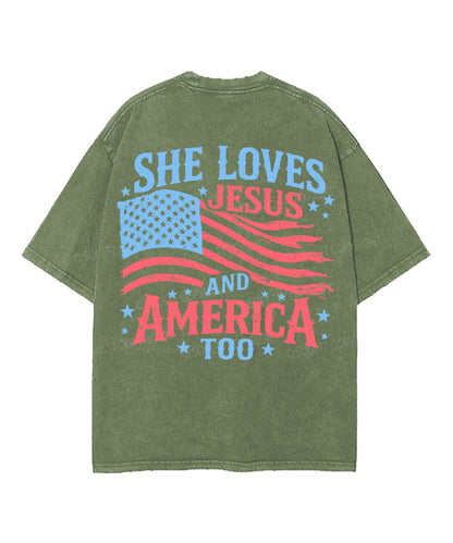 She Loves Jesus And America Double Sided Unisex Washed Christian T-shirt