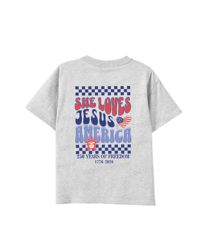 Kids She Loves Jesus And America Double Sided Cotton Christian T-shirt