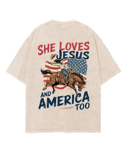 She Loves Jesus And America Double Sided Unisex Washed Christian T-shirt