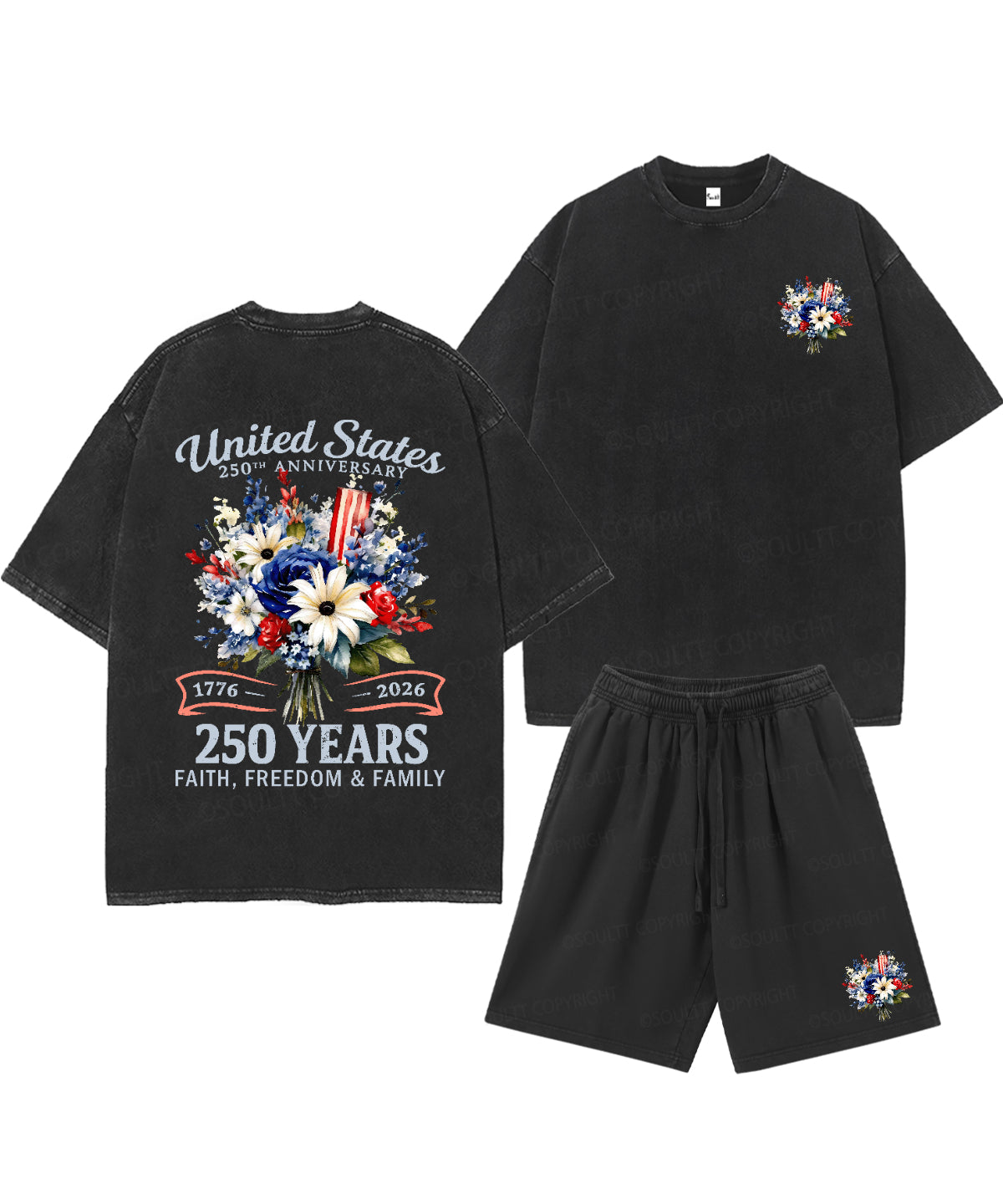 250 Years America Anniversary Double Sided Unisex Christian Washed T-Shirt & Shorts