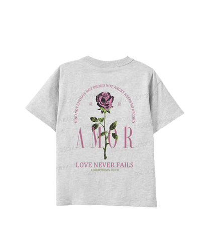 Kids Love Never Fails Double Sided Cotton Christian T-shirt