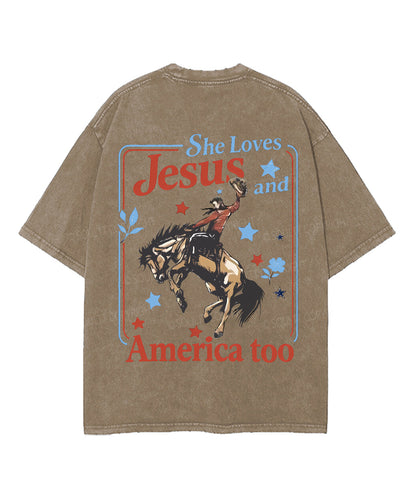 She Loves Jesus And America Double Sided Unisex Washed Christian T-shirt