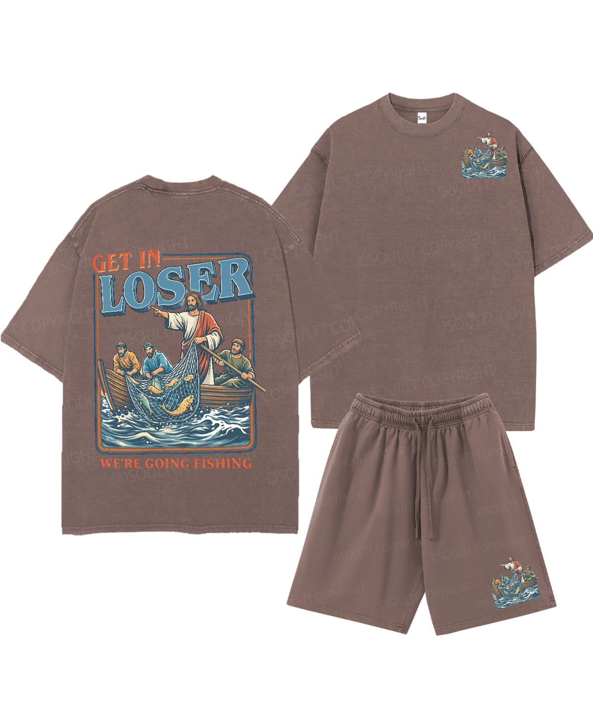We're Going Fishing Double Sided Unisex Christian Washed T-Shirt & Shorts