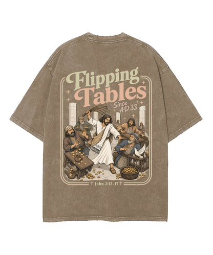 Flipping Tables Jesus Double Sided Unisex Washed Christian T-shirt