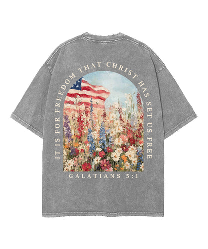Christ Has Set Us Free Double Sided Unisex Washed Christian T-shirt