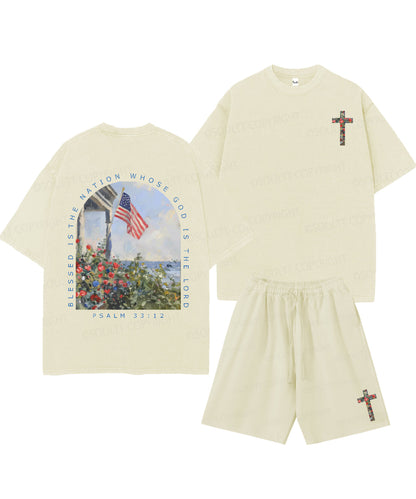 Blessed Is The Nation Whose God Is The Lord Double Sided Unisex Christian Washed T-Shirt & Shorts