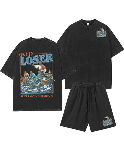 We're Going Fishing Double Sided Unisex Christian Washed T-Shirt & Shorts