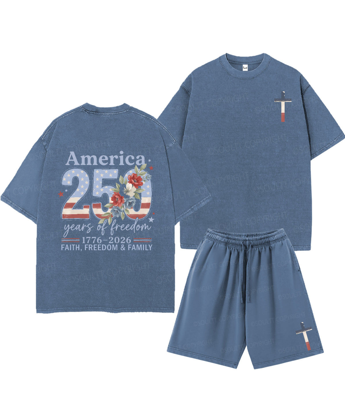 250 Years America Anniversary Double Sided Unisex Christian Washed T-Shirt & Shorts