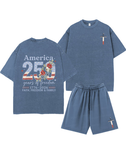 250 Years America Anniversary Double Sided Unisex Christian Washed T-Shirt & Shorts