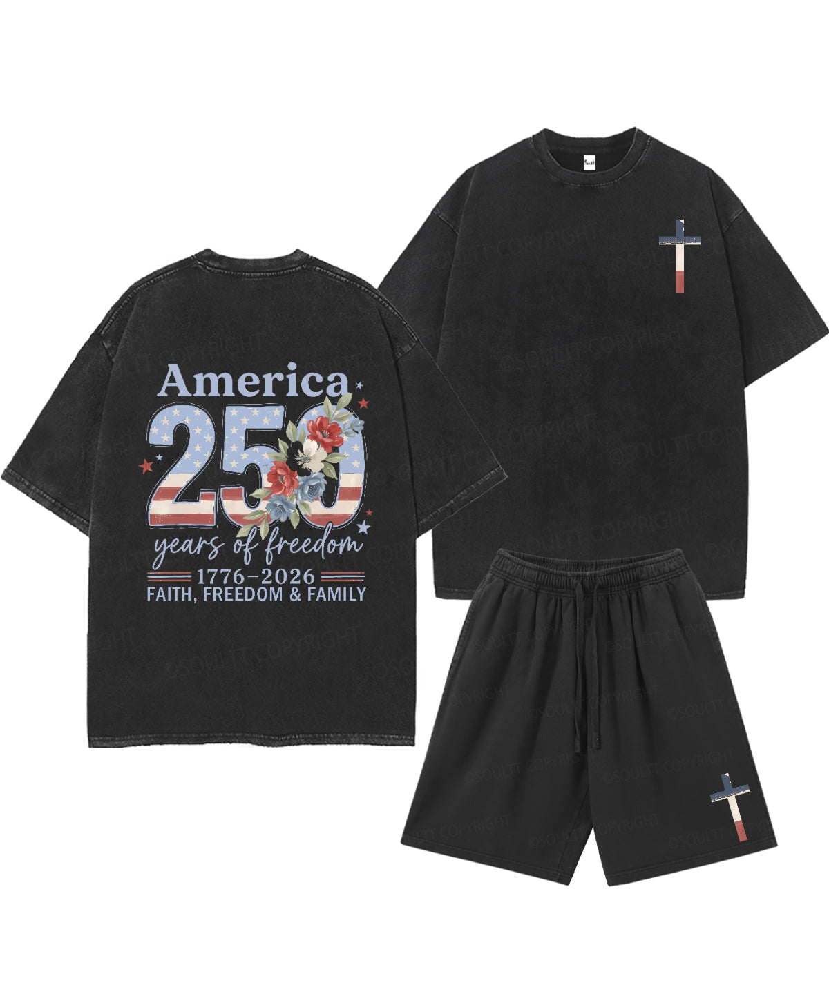 250 Years America Anniversary Double Sided Unisex Christian Washed T-Shirt & Shorts