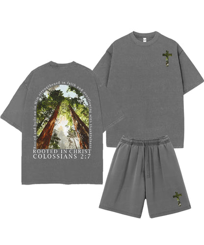 Rooted In Christ Double Sided Unisex Christian Washed T-Shirt & Shorts