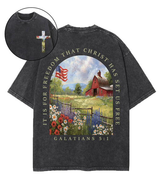 Christ Has Set Us Free Double Sided Unisex Washed Christian T-shirt