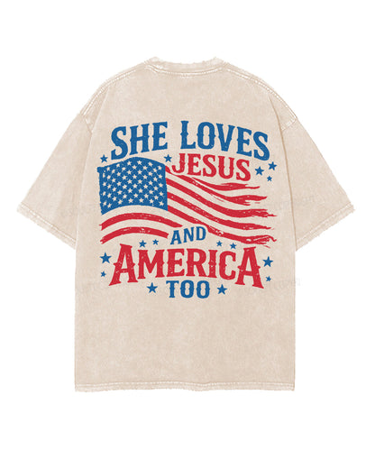 She Loves Jesus And America Double Sided Unisex Washed Christian T-shirt
