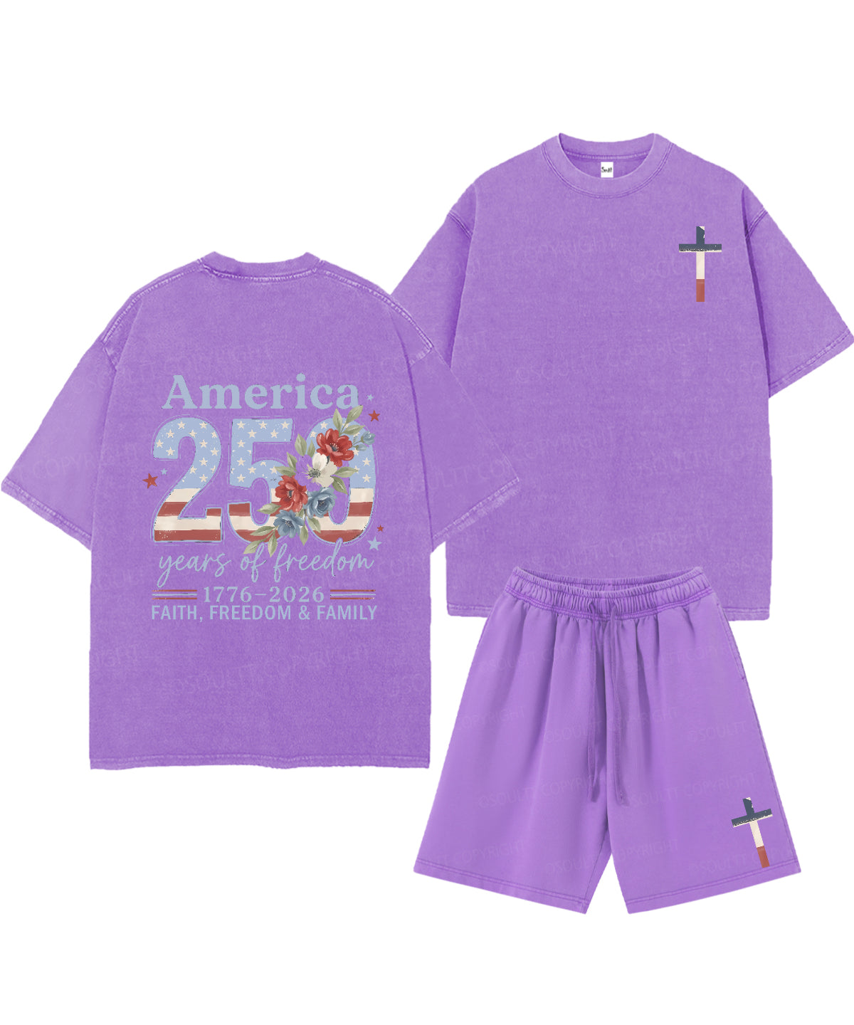 250 Years America Anniversary Double Sided Unisex Christian Washed T-Shirt & Shorts