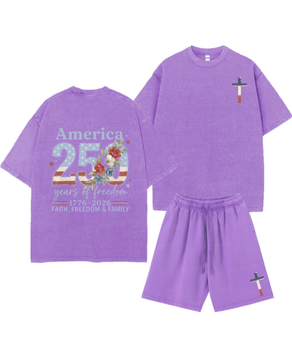 250 Years America Anniversary Double Sided Unisex Christian Washed T-Shirt & Shorts