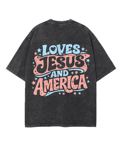 Loves Jesus And America Double Sided Unisex Washed Christian T-shirt