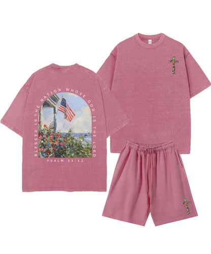 Blessed Is The Nation Whose God Is The Lord Double Sided Unisex Christian Washed T-Shirt & Shorts