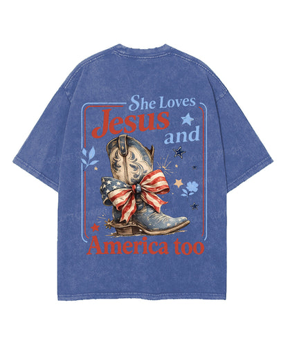 She Loves Jesus And America Too Double Sided Unisex Washed Christian T-shirt