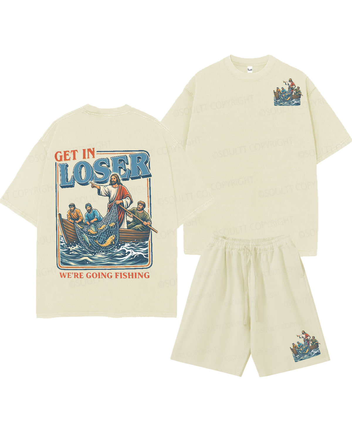 We're Going Fishing Double Sided Unisex Christian Washed T-Shirt & Shorts
