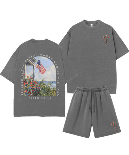 Blessed Is The Nation Whose God Is The Lord Double Sided Unisex Christian Washed T-Shirt & Shorts