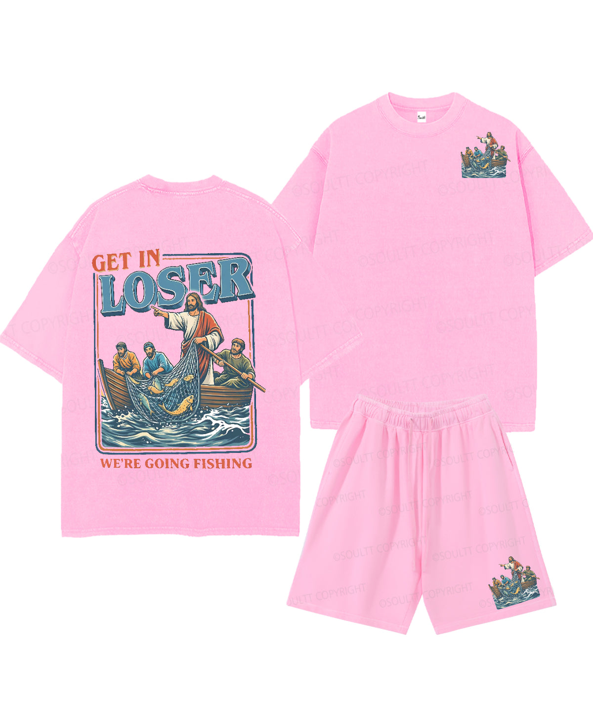 We're Going Fishing Double Sided Unisex Christian Washed T-Shirt & Shorts