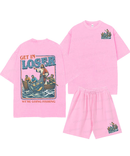 We're Going Fishing Double Sided Unisex Christian Washed T-Shirt & Shorts