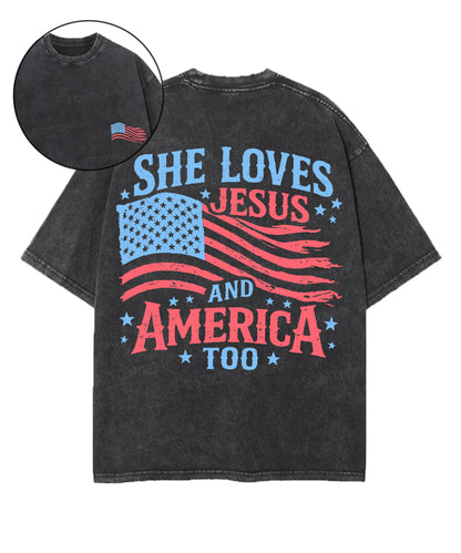 She Loves Jesus And America Double Sided Unisex Washed Christian T-shirt