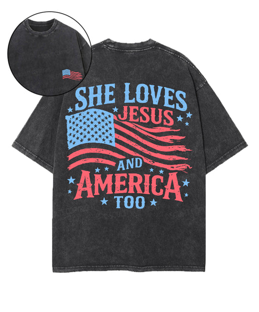 She Loves Jesus And America Double Sided Unisex Washed Christian T-shirt