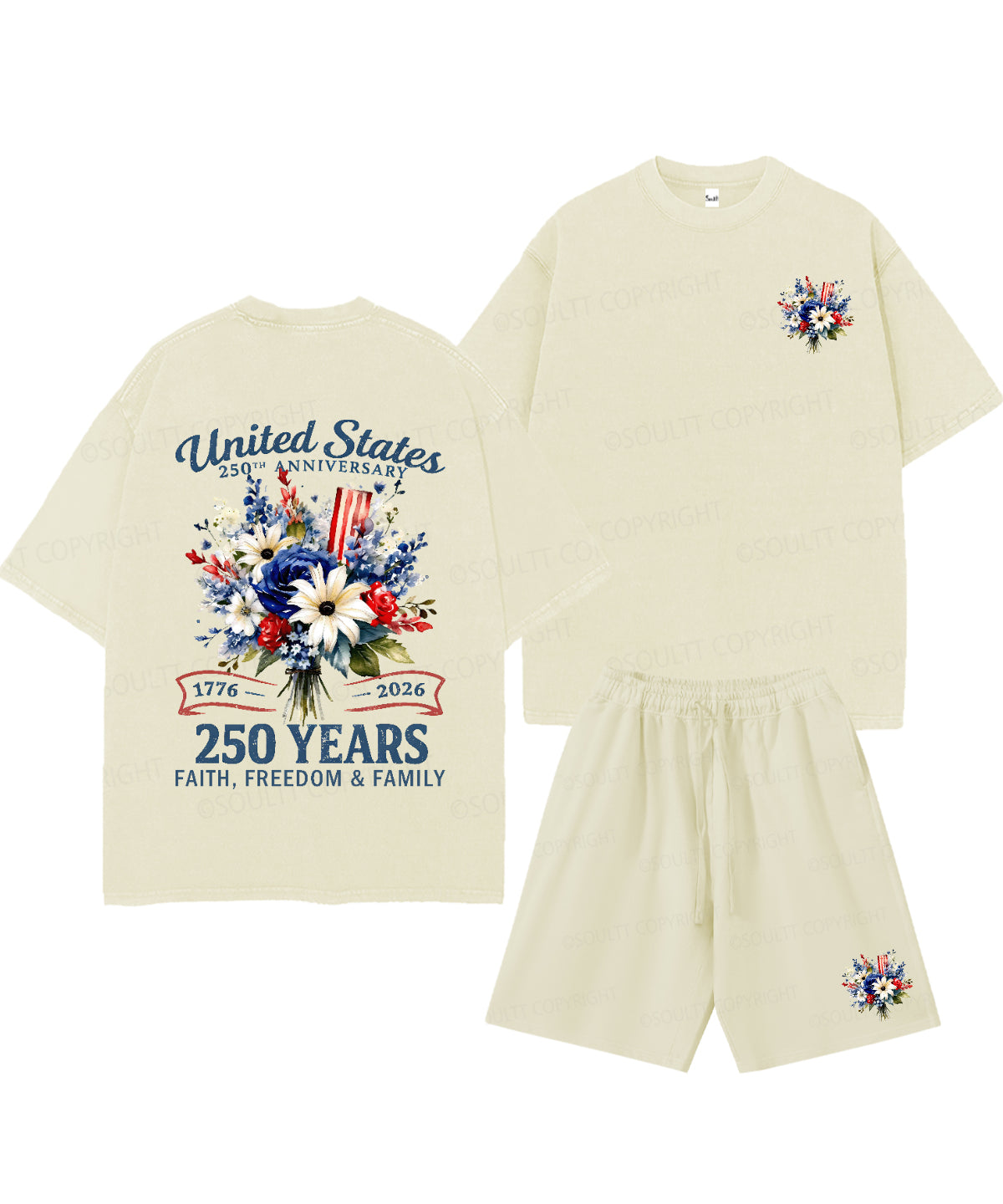 250 Years America Anniversary Double Sided Unisex Christian Washed T-Shirt & Shorts