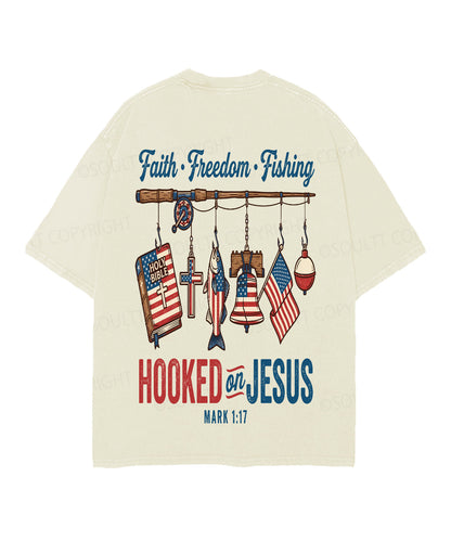 Hooked On Jesus Double Sided Unisex Christian Washed T-Shirt & Shorts