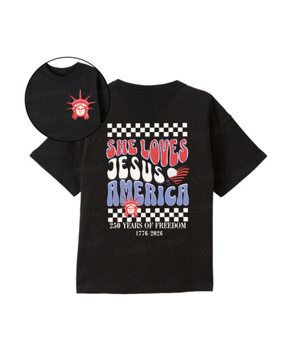Kids She Loves Jesus And America Double Sided Cotton Christian T-shirt