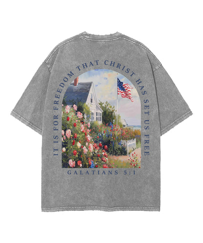 Christ Has Set Us Free Double Sided Unisex Washed Christian T-shirt