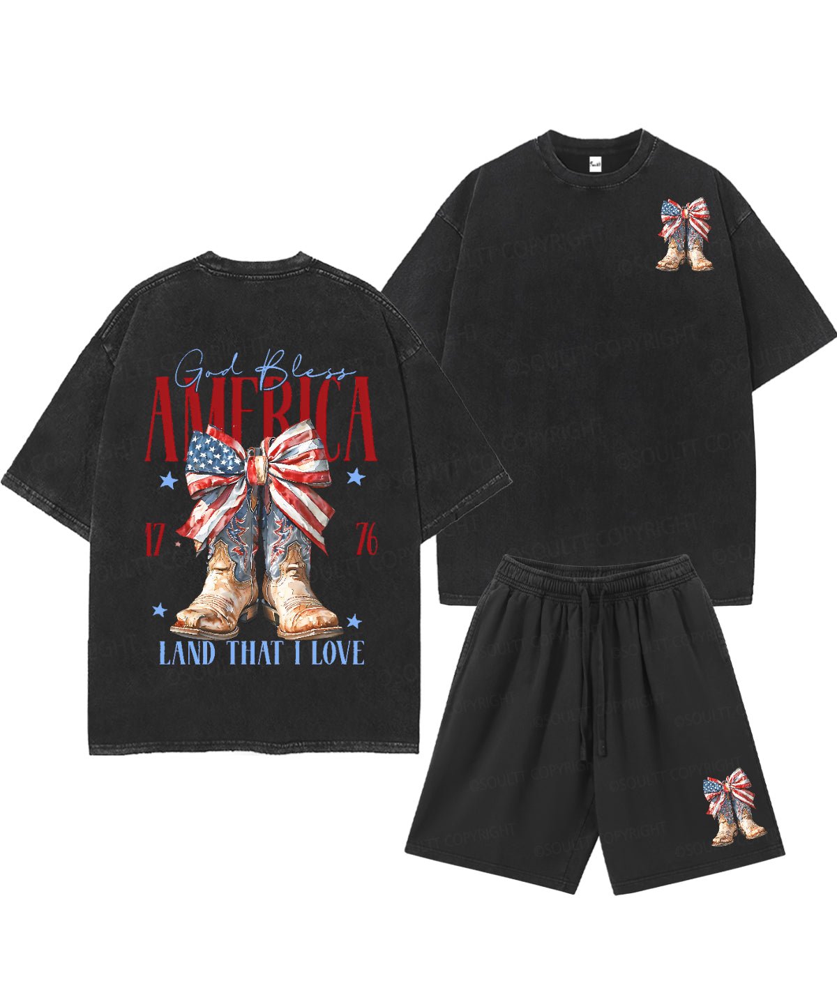 God Bless America Double Sided Unisex Christian Washed T-Shirt & Shorts