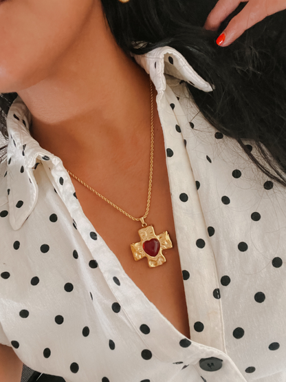 18k Gold Red Heart-shaped Zircon Cross Necklace