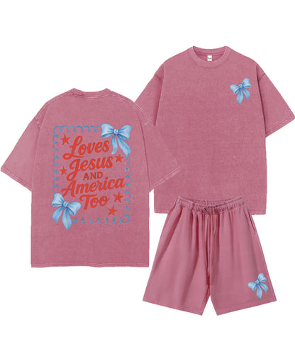 Loves Jesus And America Too Double Sided Unisex Christian Washed T-Shirt & Shorts