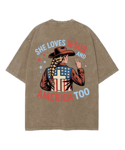 She Loves Jesus And America Too Double Sided Unisex Washed Christian T-shirt