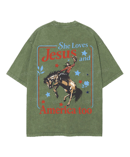 She Loves Jesus And America Double Sided Unisex Washed Christian T-shirt