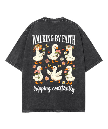 Walking By Faith Tripping Constantly Double Sided Unisex Washed Christian T-shirt