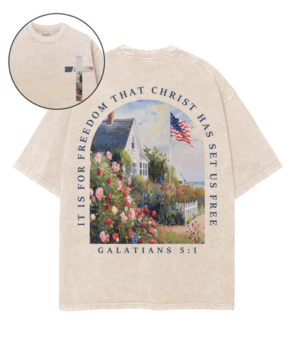 Christ Has Set Us Free Double Sided Unisex Washed Christian T-shirt