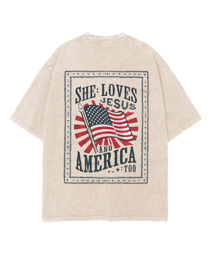 She Loves Jesus And America Too Double Sided Unisex Washed Christian T-shirt