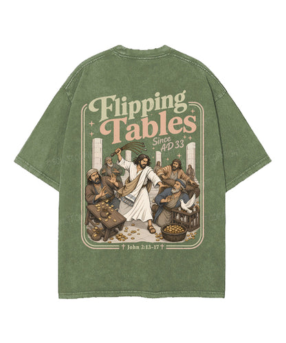 Flipping Tables Jesus Double Sided Unisex Washed Christian T-shirt